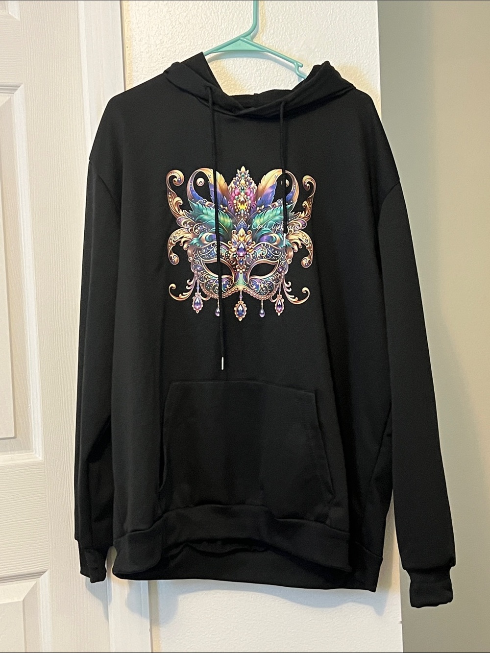 NWOT Black Hoodie Colorful Venetian Mask Graphic Mardi Gras
